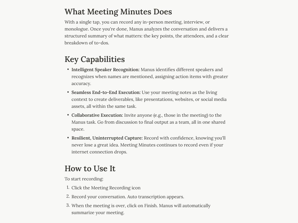 Manus Meeting Minutes interface